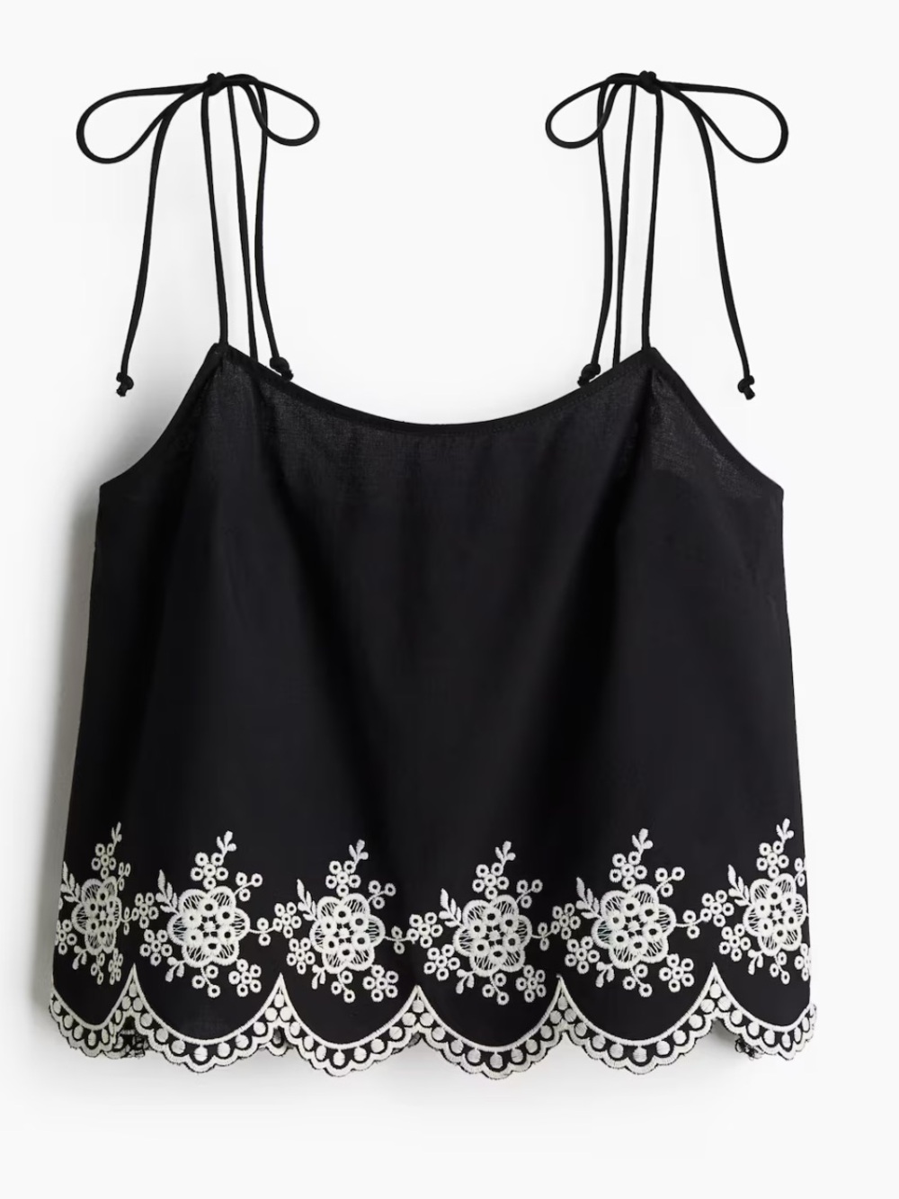Black Tie-Shoulder Cami with White Floral Embroidery